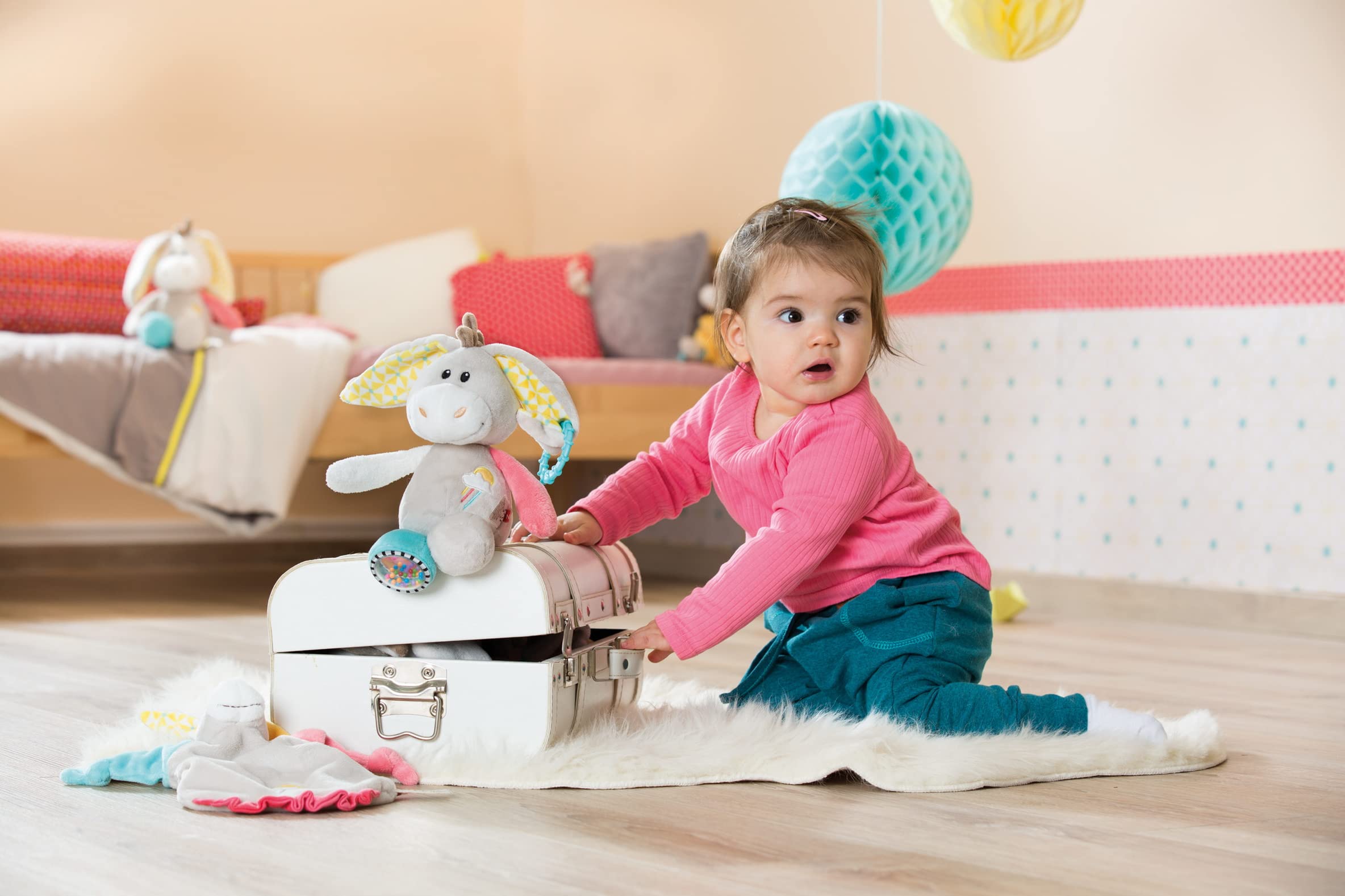 My First NICI Activity Kuscheltier Esel Muli – Spielzeug für Babys und Kleinkinder ab 3 Monaten zum Kuscheln und Fördern