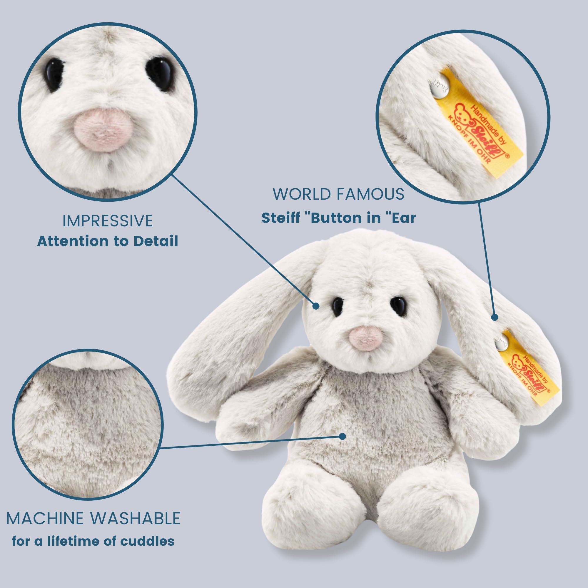 Steiff Hoppie Hase 18 cm hellgrau, Plüschtier Hase mit Schlappohren, Soft Cuddly Friends, flauschiges Stofftier zum Kuscheln