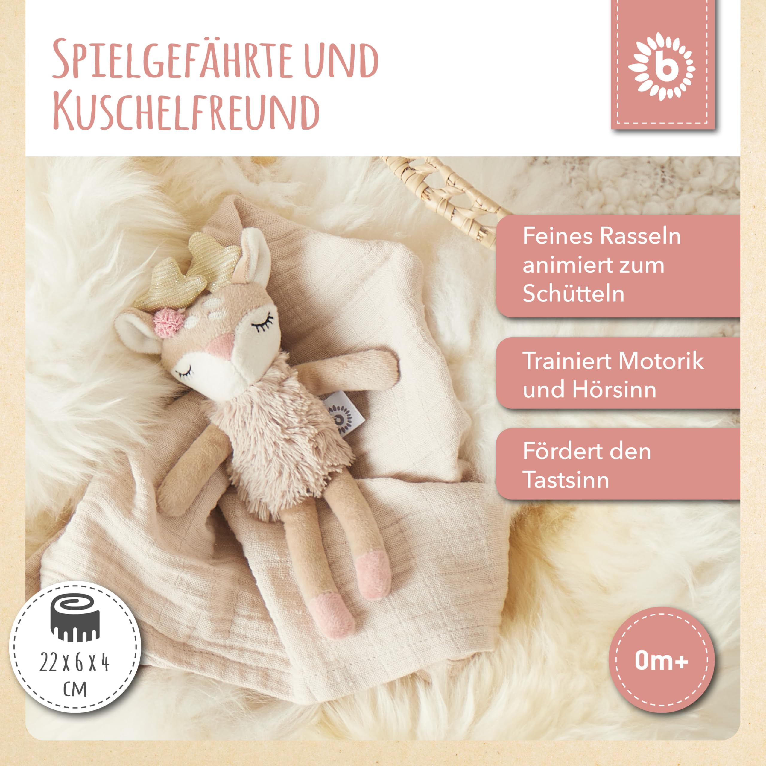 Bieco Kuscheltier Reh Ella mit Rassel | Baby Kuscheltier ab 0 Monate Stofftier Baby Plüschtier Reh rentier