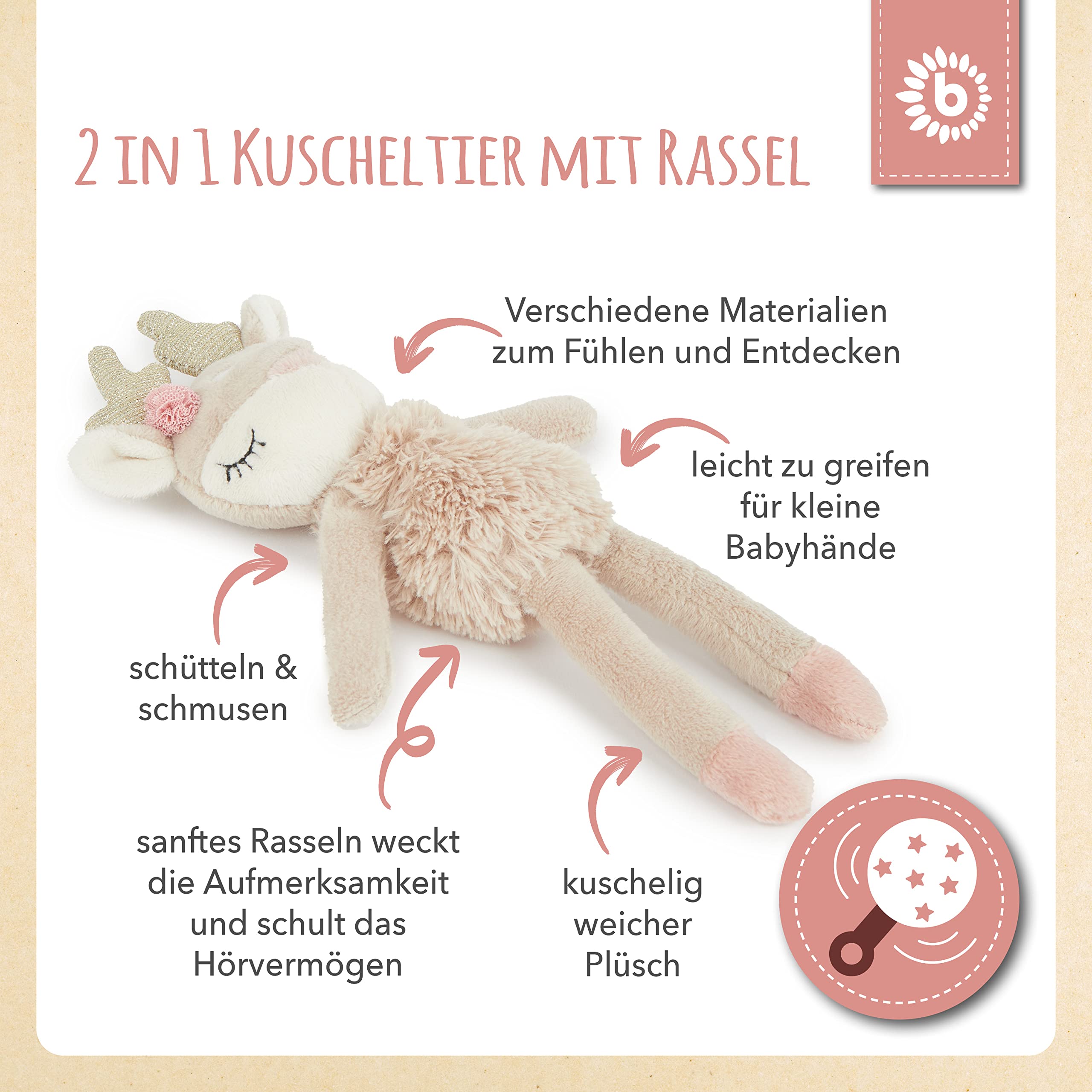 Bieco Kuscheltier Reh Ella mit Rassel | Baby Kuscheltier ab 0 Monate Stofftier Baby Plüschtier Reh rentier